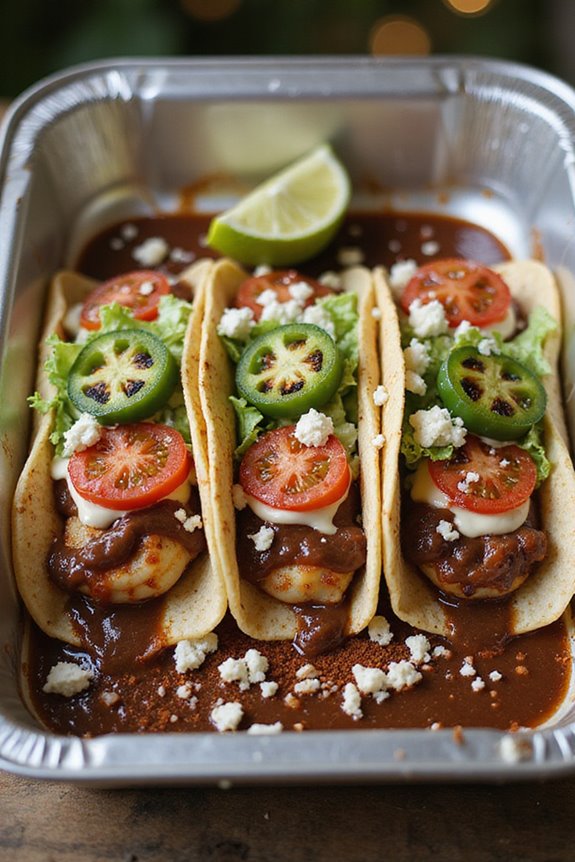 grilled shrimp mole enchiladas with toppings